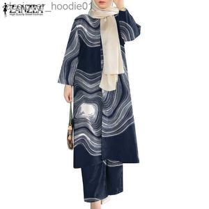 Basic Casual Jurken ZANZEA Vrouwen Moslim Mode Lange Mouwen Elastisch Afdrukken Zijsplitten Wistband Met Zakken Pak L230916