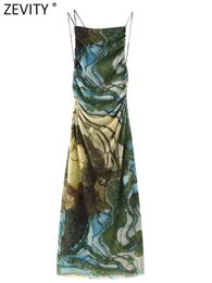 Robes décontractées basiques Zevity femmes mode imprimé abstrait dos nu évider maille robe mi-longue femme Chic à lacets licou mince plage Vestidos DS3606 230720