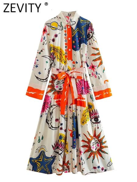 Vestidos casuales básicos Zevity Mujeres Vintage Graffiti Totem Estampado floral Color Partido Arco Fajas Midi Camisa Vestido Oficina Lady Chic Vestidos DS3902 230920