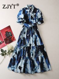 Robes décontractées de base zjyt concepteur de piste de robe d'été femme tendance mode bleu floral midi vintage vestidos fête vacances robe femmes 230620