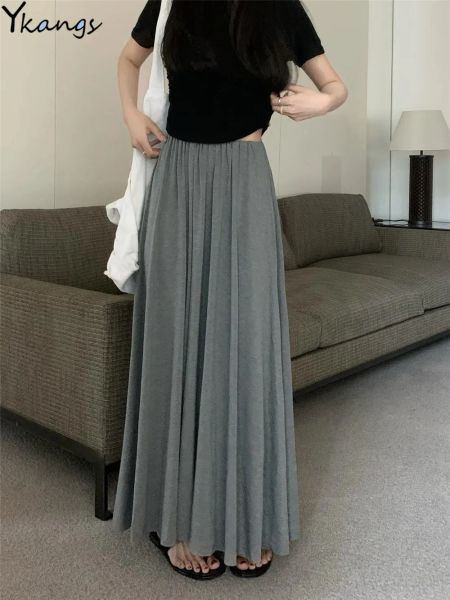 Basic décontracté élastique haute taille maxi jupes femmes solides vêtements noirs simples plissés longues coréen élégant bon marché falda saia