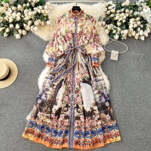 Basic Casual Women Robes Fashion Runway Flower Chiffon Long Maxi Robe Femme Femmes Stand Collar Lantern Floral Print Belt Lace Up Boho Robe Vestidos 2024