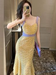 Basic Casual Women Robes New Elegant Sexy Robe for Women Sweet Yellow Flower Mesh Slip Fishtail Robe Femme Party Pay Vestidos Mujer Fashion Show 2024