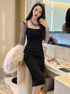 Basic Casual Women Dresses Printemps femmes robe Midi élégant décontracté Sexy noir maille transparente strass à manches longues sac hanche fente tenue Femme Vestido Para Mujer 2024