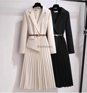 Robes basiques Vintage ceinture plissée Patchwork une pièce Blazer robe femmes élégant bureau dames à manches longues crantée femme automne Midi robe 2023 240302