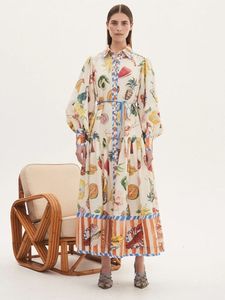 Basic Fruit Print Robes A-Line Robes Femmes Tourneau Col à manches longues Single Pinsed Midi Robe Femelle Casual Chic Robes 230826