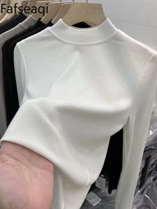 Camiseta básica de viscosa elástica de alta calidad para mujer, Top ajustado elegante, medio cuello alto, manga larga, Allmatch, 240127