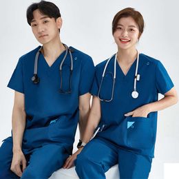 Ensembles de gommage uniformes médicaux Pro de base femmes hommes 2 pièces col en V haut pantalon à cordon Pro bruyère tunique mince d'allaitement XSY-202