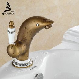 Basin kraan antiek messing dolfijn badkamer kraan sink enkele hefboom kraan WC sanitair warm en koud water mixer taps Gyd-2320F