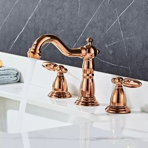 Bassin kraan Brass Rose Goud wijdverbreide badkamer kraan Antieke wastafel kranen 3 gat warm en koud gouden waterkraan kraan