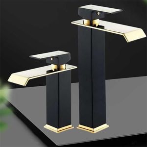 Basin Faucet Gold and Black Waterfall Brass Bathroom Mixer Tap Cold Sink faucet 220713