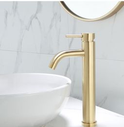 Robinet de lavabo de luxe avec brosse dorée, robinet de salle de bains chaud et froid à poignée unique, matériau en acier inoxydable 304