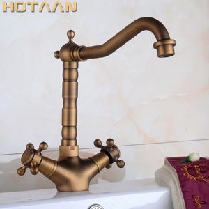 Basin Kranen Antiek Messing Badkamer Wastafel Kraan 360 Graden Swivel Spout Double Cross Handgreep Bad Keuken Mixer Hot en Cold Tap T200424