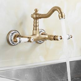 Basin kranen Antiek messing muur gemonteerd keuken badkamer wastafel kraan met dubbele handgreep gat draaipout koude water kraan 231221