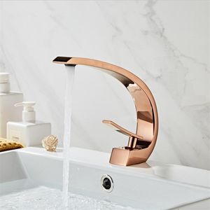Robinets de lavabo mitigeur de salle de bains moderne, robinet de lavabo en or Rose à poignée unique, robinet de cascade chaude et froide à trou unique
