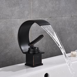 Wastafelkranen Modern Zwart Brons Badkamer Kraan Waterval kranen Enkel Gat Koud en Warmwaterkraan Wastafelkraan Mengkranen