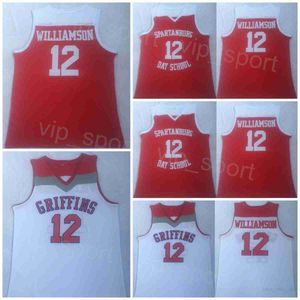 Basketball college 12 Zion Williamson High School Jerseys Spartanburg Day University Shirt All gestikte team Red White voor sportfans Breamelijke mannen Sale NCAA