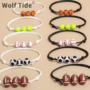 Basketbal Voetbal Volleybal Armband Verstelbaar Waterdicht Waxdraad Geweven Gevlochten Softbal Tennis Rugby Bedels Kralenarmbanden Sportfan Handgemaakte sieraden