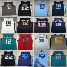 Baloncesto Ja Morant Jersey 12 Man City Desmond Bane 22 Derrick Rose 23 Bordado y costura Asociación de iconos ganados Azul Blanco Negro