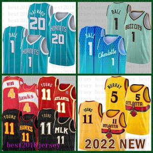 Maillot de basket-ball Charlottes Hornet 2022 Nouveau 1 20 11 5 4 Atlantas Hawk Gordon Hayward LaMelo Ball Trae Jeune Dejounte Murray Spud Webb Violet