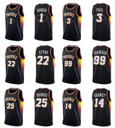 Basketbal Jersey Chris Paul # 3 Devin Booker # 1 Ayton # 22 Bruggen # 25 Crowder # 99 Shamet # 14 PhoenixCity Jerseys Black Men Youth S-XXL Op voorraad