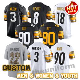 Maillots de football américain personnalisés pour hommes 3 Russell Wilson 22 Harris 90 Watt 8 Pickett 14 Pickens 7 Roethlisberger 24 Porter 18 Johnson Maillot de football pour jeunes femmes