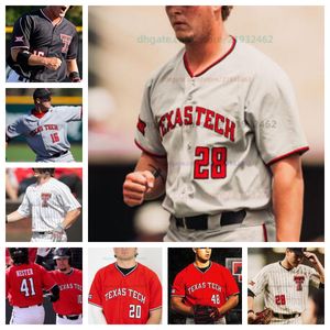 Honkbalshirt Texas Tech TTU College Heren Dames Allemaal gestikt 34 Zane Petty Jacob Rogers Kyle Robinson Brendan Lysik Gage Harrelson Tracer Lopez elk naamnummer