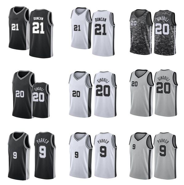 Camiseta de baloncesto Tim Duncan # 21 Manu Ginobili # 20 Tony Parker # 9 nueva temporada Hombres Camisetas de ciudad para jóvenes en stock