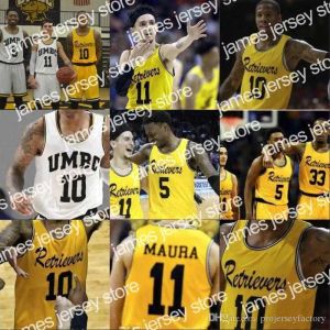 Basketbalshirts Goedkope UMBC Retrievers Gouden Jersey #10 Jairus Lyles #11 K.J. Maura #33 Arkel Lamar 5 Jourdan Grant Geel gestikt college