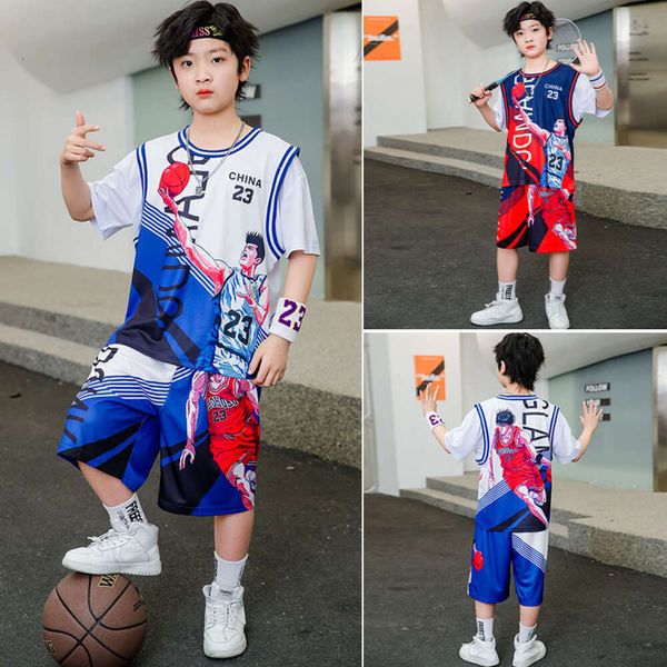 Jerseys de baloncesto set de manga corta para niños de verano, traje de entrenamiento casual de deportes de la escuela primaria, tendencia de jersey de secado rápido