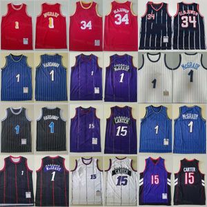 Basketbal Vintage Hakeem Olajuwon Jersey 34 Tracy McGrady Penny Hardaway 1 Vince Carter 15 Retro Rood Marineblauw Wit Paars Zwart Throwback Hoge kwaliteit