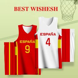 Basketbalsets Kinderpakketten voor jongens Spanje Letter Gedrukte volledige sublimatie aangepaste naam nummer kleuterschool jerseys shorts unifroms 230210