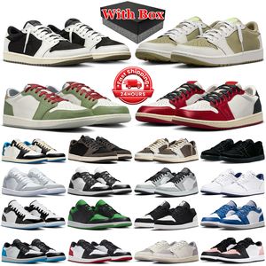 Con caja Jumpman 1 Zapatillas de baloncesto Hombres Mujeres 1s Lows Black Phantom Olive Reverse Mocha Away Metallic Blue Smoke Wolf Grey Entrenadores para hombre Deportes al aire libre Zapatillas de deporte