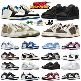 Gratis verzending basketbalschoenen voor heren dames 1s designerschoenen golf olijf omgekeerd mokka Black Phantom Satin Bred Patent UNC Toe heren dames buitensportschoenen