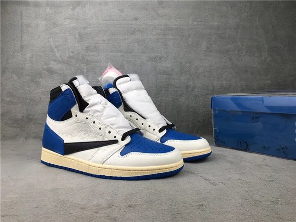 Chaussures de basket-ball Fragments x Jumpman 1s High OG SP Baskets en cuir véritable de couleur bleu militaire avec boîte à chaussures Livraison rapide