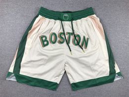 Pantalones cortos de baloncesto Boston City White Ropa deportiva para correr con bolsillos con cremallera Tamaño S-XXL Orden de combinación de combinación Cosido de alta calidad