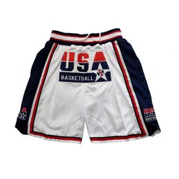 Shorts de basket-ball USA 1992 Couture broderie extérieur sport de plage de haute qualité ventilation en maille bleu blanc 240416