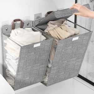 Cestas Cesta plegable de lino para ropa sucia, contenedor de almacenamiento de ropa montado en la pared para el hogar con tapa, caja de almacenamiento para baño de gran capacidad