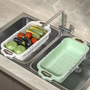 Paniers Évier de Cuisine Panier de Rangement Nettoyage Légumes Fruits Lavabo Télescopique Drain Panier Pliable Passoire Lavage Crépine Bol