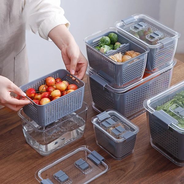 Pankets Nouvelle cuisine Boîte de rangement en plastique Boîte de maintien frais réfrigérateur Fruit Vegetable Drain Crisper Cuisine Rangement Conteneurs avec couvercle