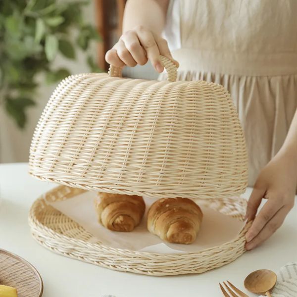 Cestas de mimbre, cesta para pan, cestas de almacenamiento de ratán blanco, cubierta a prueba de polvo para frutas, organizador de despensa, almacenamiento de cocina