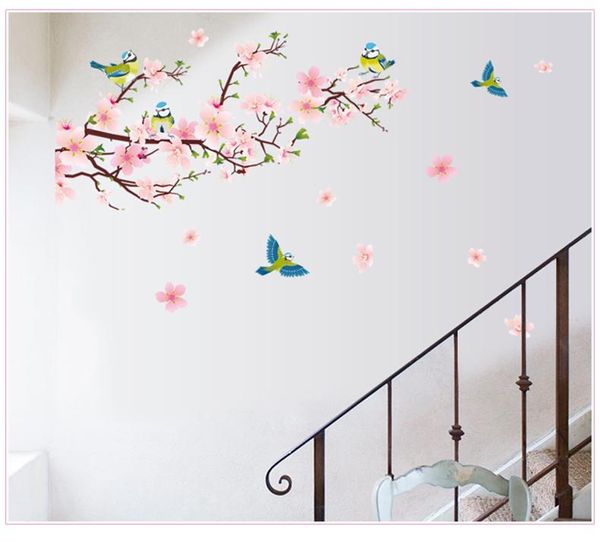 Autocollant mural romantique en fleurs de pêche, paniers, fleurs et oiseaux, animaux, papier peint amovible pour salon et chambre à coucher