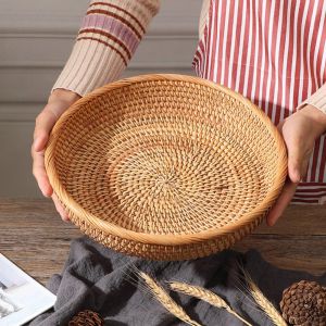 Manden Round Rattan Fruitkommen Natuurlijke rieten fruitmand Boho geweven opbergmanden broodbak voor keuken salontafel boerderij