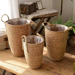 Manden hoge natuurlijke rieten plantenmand bloemen pot home tuin decor wassen emmer vuile kleding opbergmanden speelgoedhouders