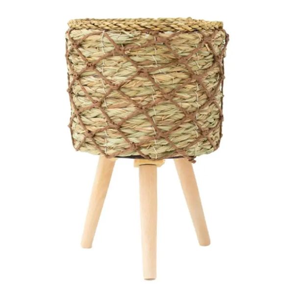 Support de plante tissé avec pieds Support de plante surélevé avec panier de plantes Table ronde en bois Support de pot de plante fait à la main pour pots de fleurs