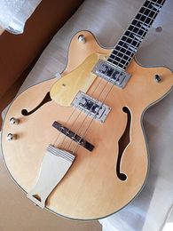 Bas Linkshandig 4-snaren Vintage helder Natuurlijk hout glanzend Semi-holle HH pickups Elektrische gitaar