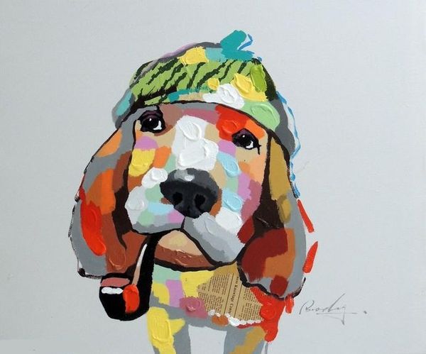 Basset Hound Dog Portrait Mixed Media Pop Art Peinture à l'huile, Peint à la main Pure Modern Abstract Decor Wall Canvas Pictures.Multi size, joh