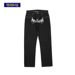 Bat Head Print Jeans Dames Wide Been Streetwear Vintage Losse Rock Punk Fashion Broek Baggie Men Designer voor 220328