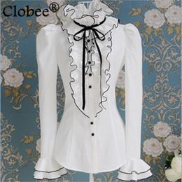 Batas e Blusas lente en herfst witte ruches zwart lint strik bubble shirt met lange mouwen Elegant top blouses shirt CD71 240126
