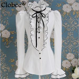 Batas e Blusas primavera y otoño camisa de manga larga con volantes blancos y lazo negro camisa elegante blusas superiores CD71 240126